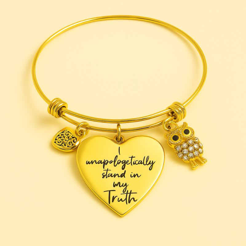 Unapologetically stainless steel charm bracelet with owl and heart design by NueJewelz.