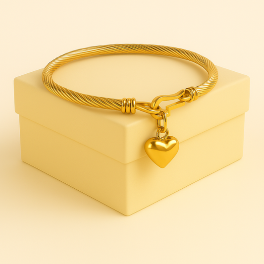 Elegant Sweet Heart Titanium Steel Bangle with embossed heart motif on gift box.