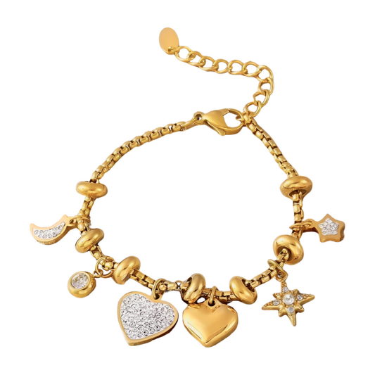 Heart shape bracelet with 18K gold-plated rhinestones by NueJewelz, showcasing elegant design and luxurious finish.