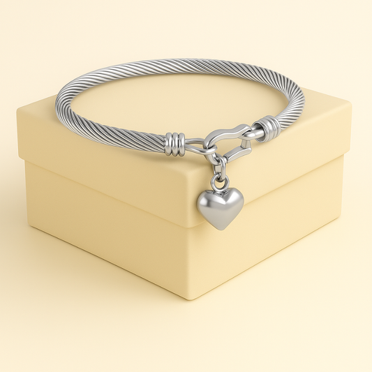 Elegant Sweet Heart Shape Titanium Steel Bangle with heart charm on box.