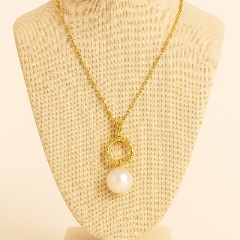 Elegant 304 stainless steel pearl necklace by Nue Jewelz on display, featuring luminous pearls and a polished chain.