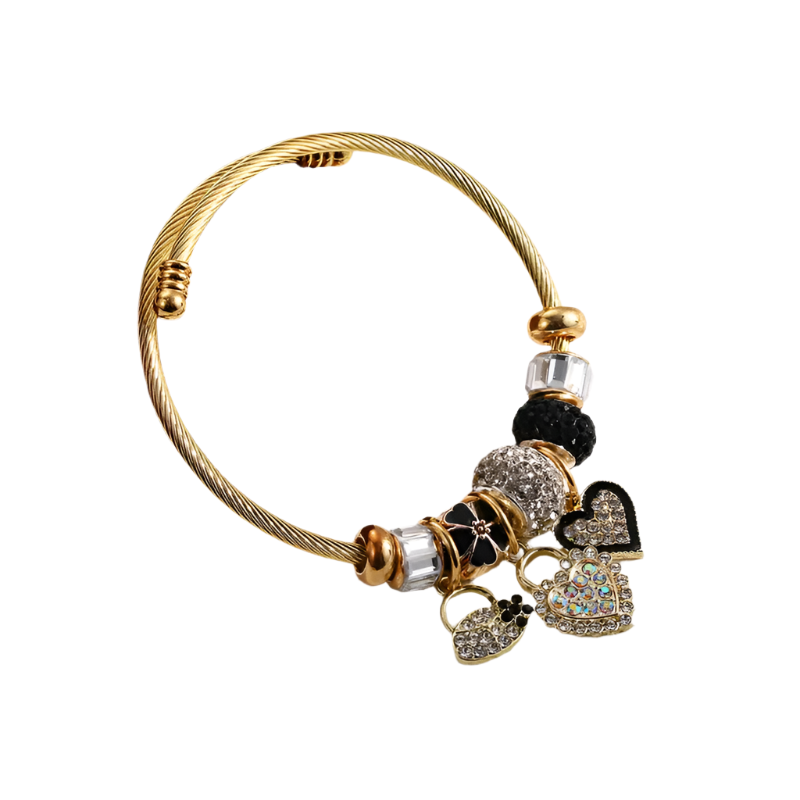 Heart Shape Shell Lock Bracelet in gold 304 stainless steel with heart charms.