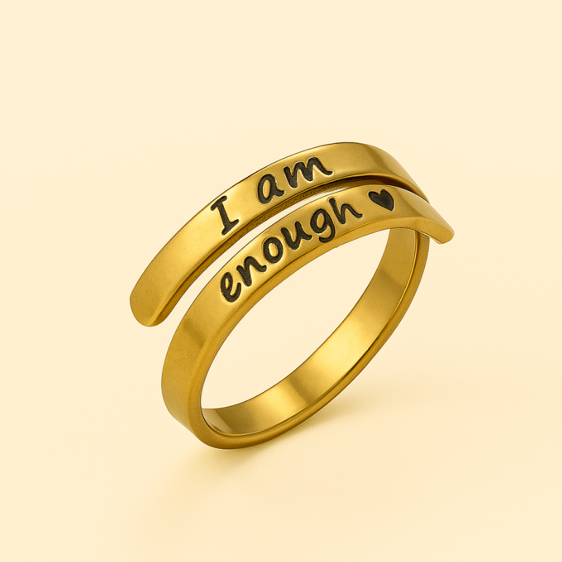 Stainless steel gold plated open ring with "I Am Enough" engraving.