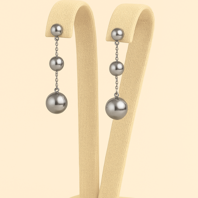 Elegant round stainless steel bead drop earrings by Nue Jewelz.