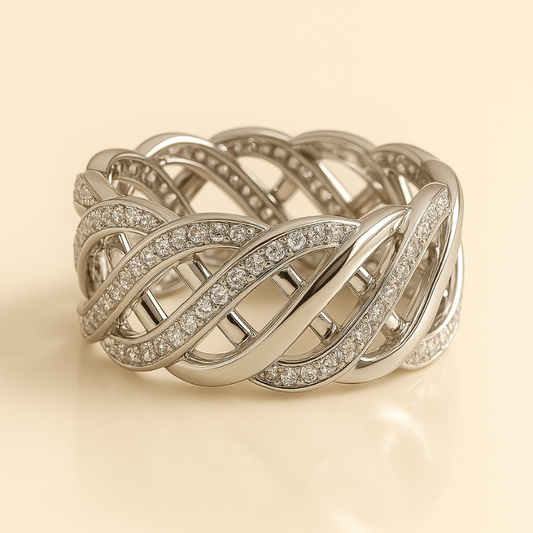 Elegant silver cocktail ring with intricate diamond detailing by NueJewelz.