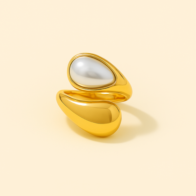 Stainless steel pearl tiger eye ring with sleek band and natural accents.