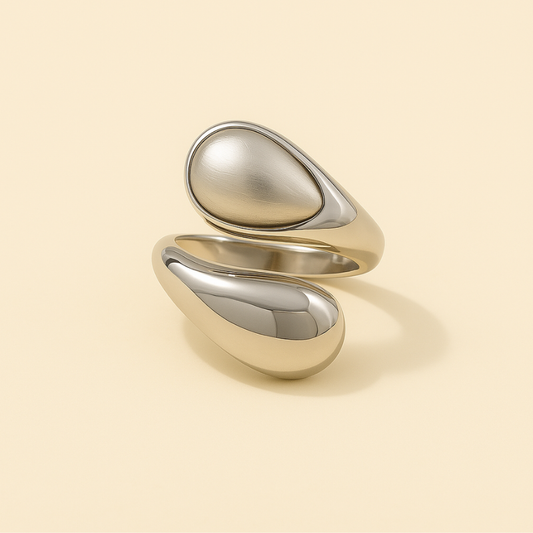 Stainless steel pearl tiger eye open ring by NueJewelz, featuring a high-polish finish, pearl and tiger eye stones, symbolizing empowerment and elegance.