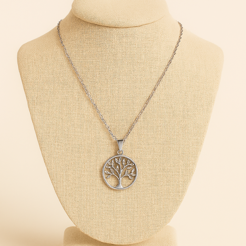 Elegant Round Tree of Life Necklace on display, featuring intricate tree design symbolizing growth and elegance.