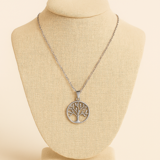 Elegant Round Tree of Life Necklace on display, featuring intricate tree design symbolizing growth and elegance.