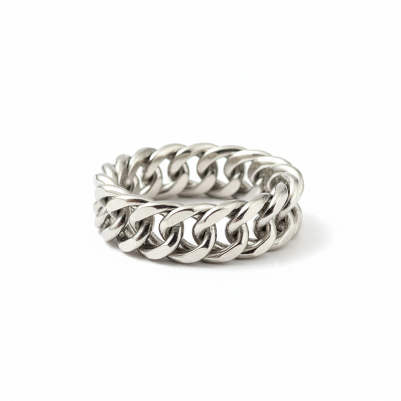 Chunky titanium steel chain link geometric minimalist band ring with polished curb design