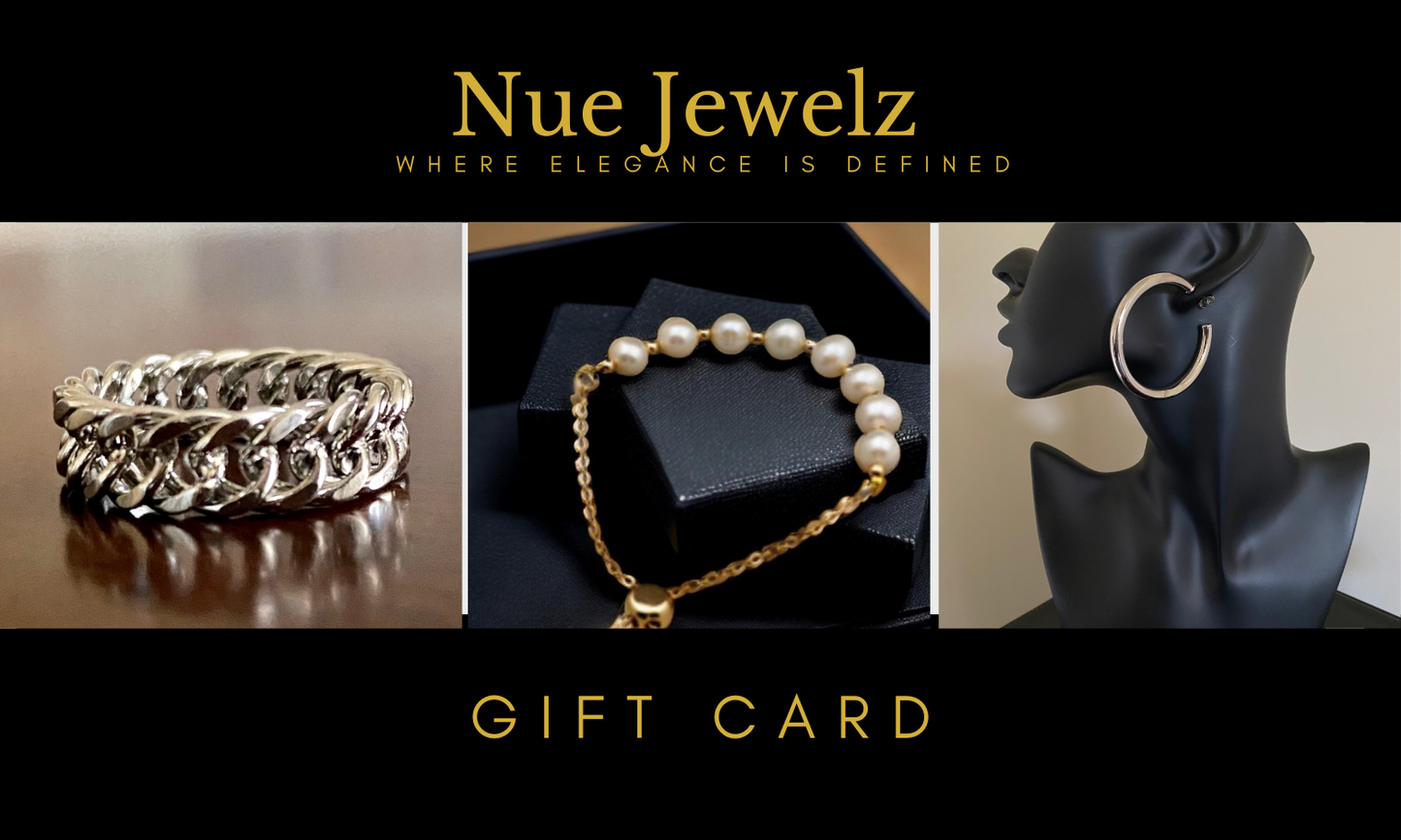 Nue Jewelz Gift Card for stainless steel and titanium jewelry collection.