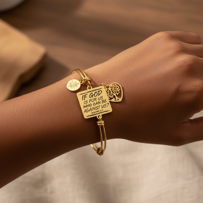 The Faith & Light Bangle - Gold Adjustable Charm Bangle Bracelet Scripture Romans 8:31 | Nue Jewelz - Nue Jewelz