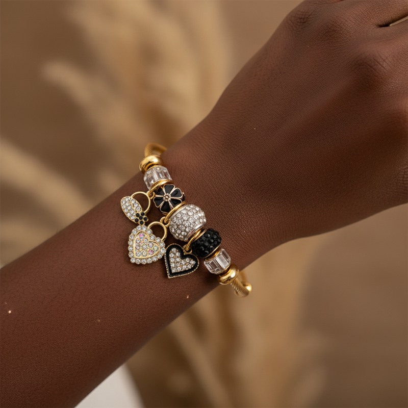 The Shell Lock Bracelet - Gold Twisted Cable Charm Bracelet with Crystal Hearts & Beads | Nue Jewelz - Nue Jewelz