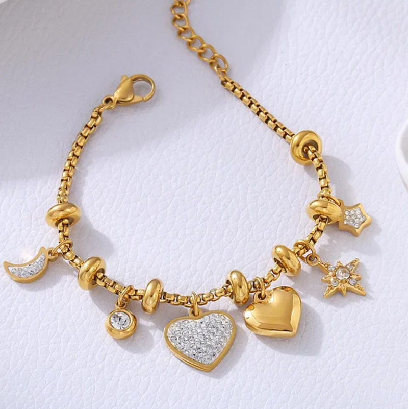 18K gold-plated heart shape bracelet with moon and star charms set with rhinestones