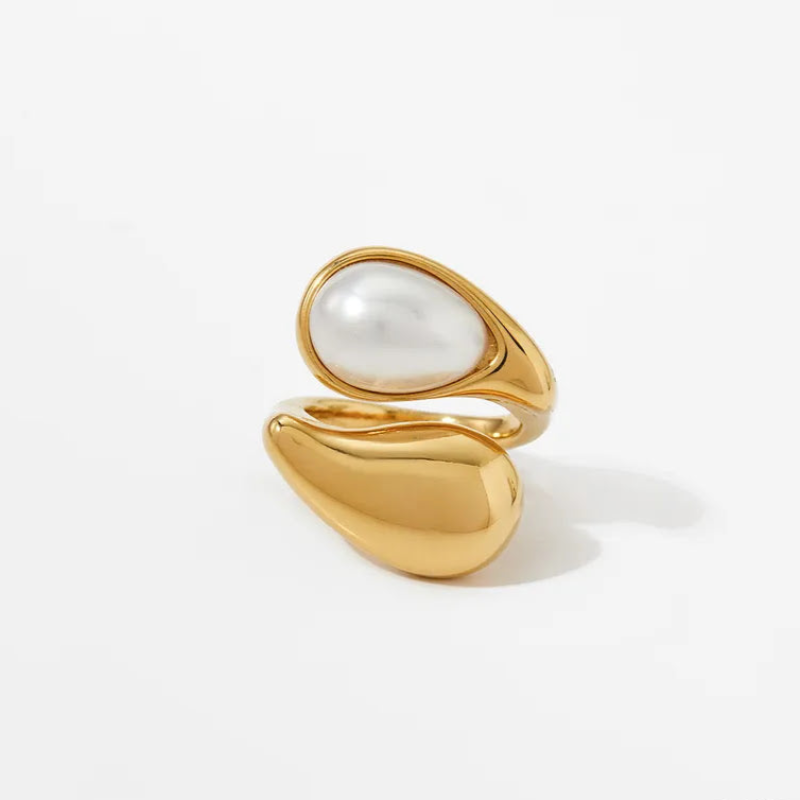 Stainless steel pearl tiger eye open ring with 16K gold plating.