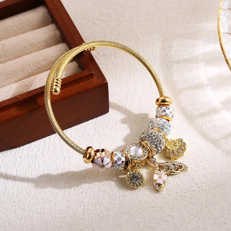 Classic Four-Leaf Clover & Fish Tail Gold-Plated Rhinestone Bracelet by NueJewelz - Nue Jewelz 