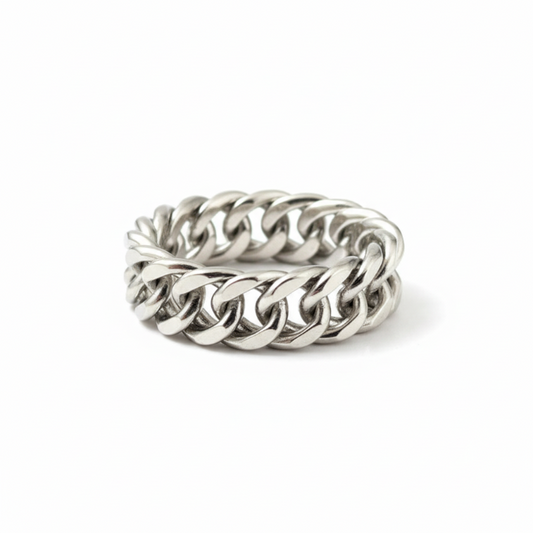 Chunky titanium steel chain link geometric minimalist band ring with polished curb design