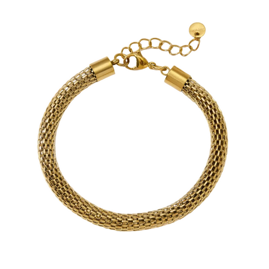 The Golden Weave bracelet with thick woven gold mesh design and adjustable clasp
