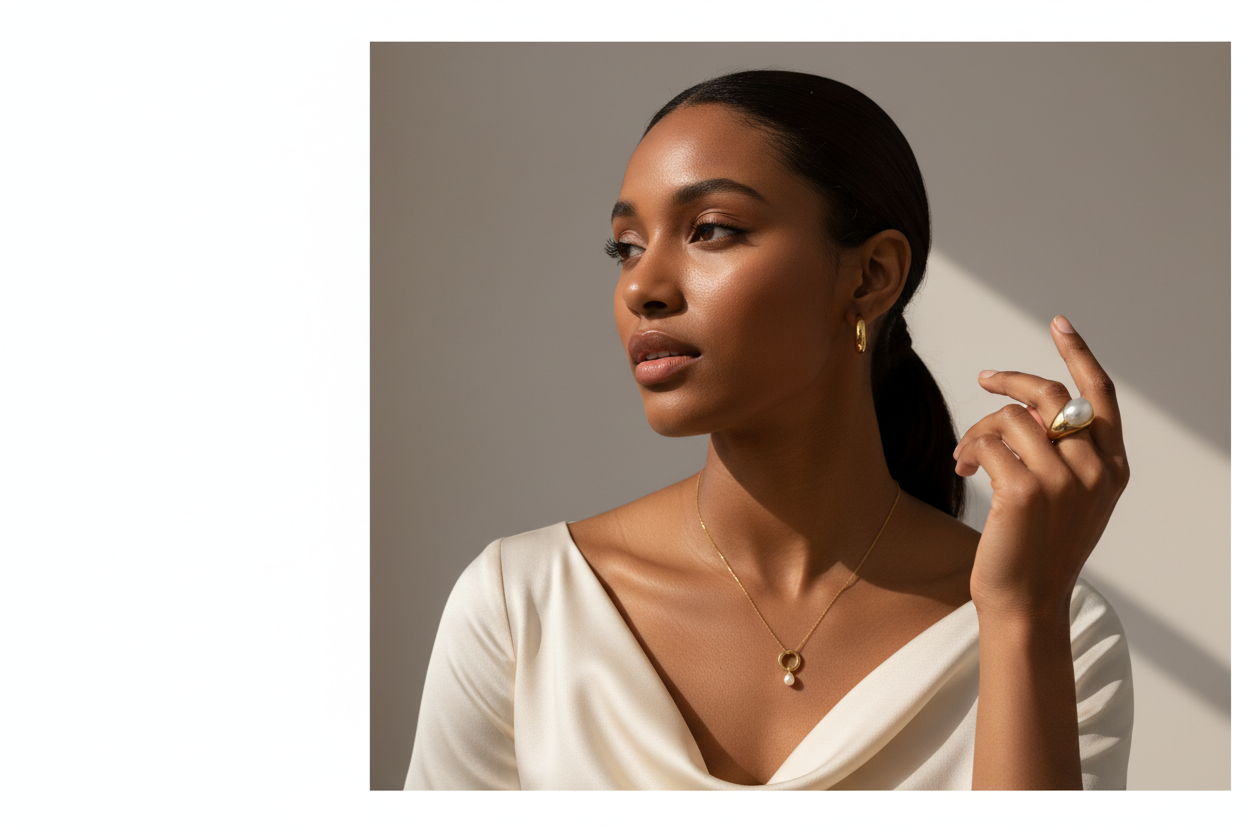 Hero Shot - Brown-Skinned Model with Gold Essentials Set