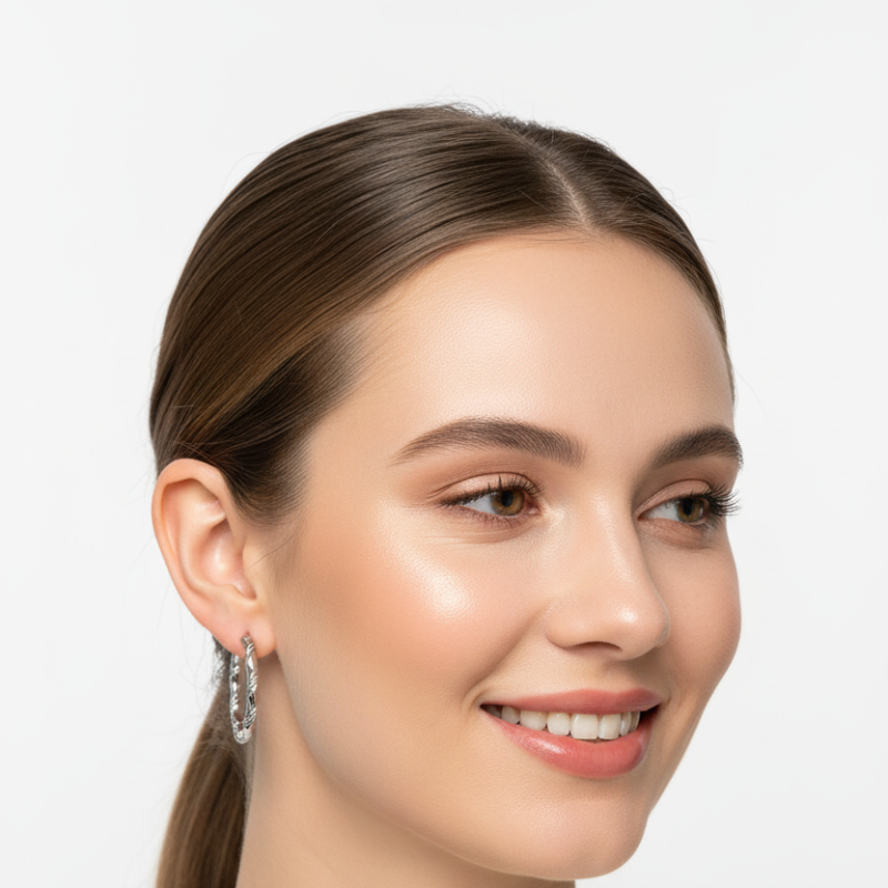 Close-up of a woman wearing silver twisted spiral hoop earrings, the Twisted Elegance Hoops, showcasing their polished finish and lightweight design.