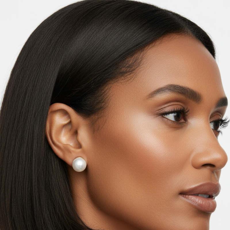 Close-up of woman wearing classic pearl stud earrings with gold-toned setting, showcasing elegant and timeless jewelry style.