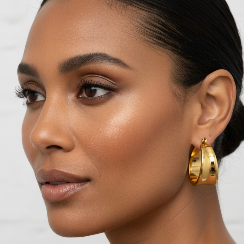 Close-up of woman wearing gold geometric stainless steel hoop earrings with smooth polished finish
