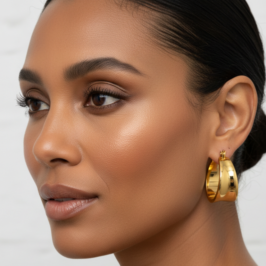 Close-up of woman wearing gold geometric stainless steel hoop earrings with smooth polished finish