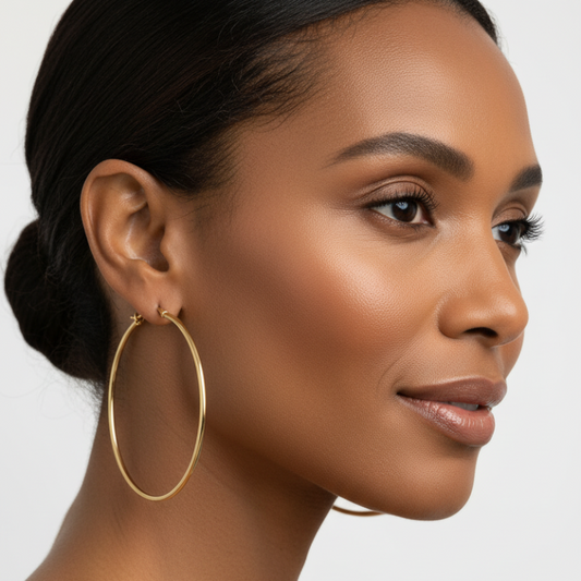 Close-up of a woman wearing Nue Jewelz Bold Curve Hoop large gold stainless steel earrings