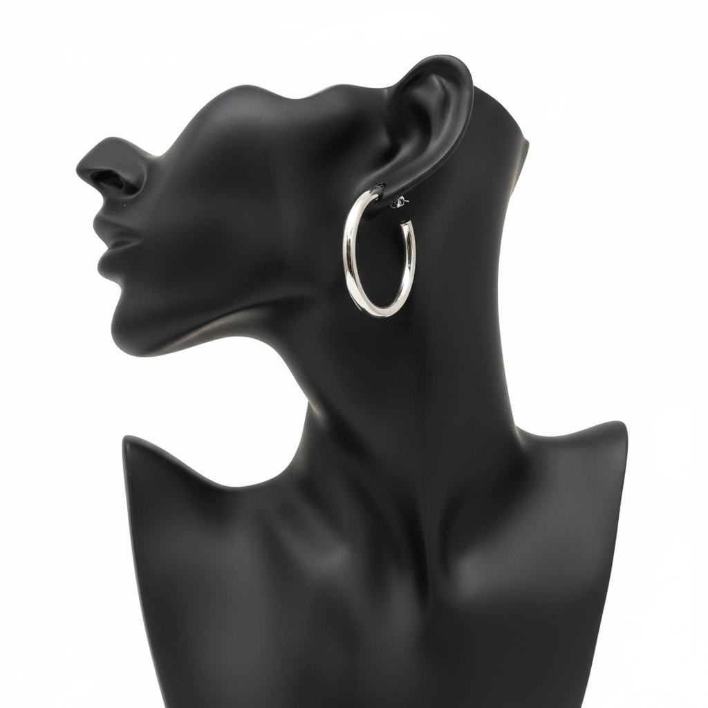 The Everyday Hoop chunky stainless steel open hoop earring on black mannequin