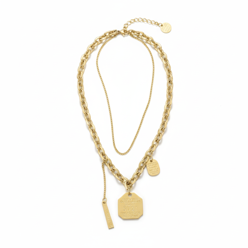 Gold-tone stainless steel layered letter necklace with multi-strand chains and customizable pendant