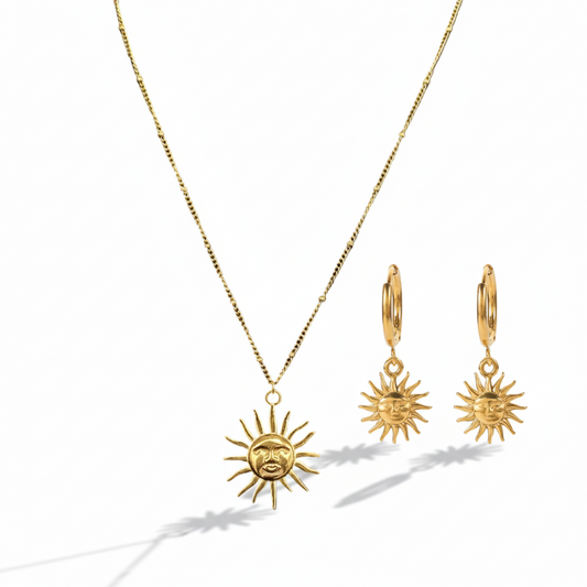 Radiant duo gold sun pendant necklace and drop earrings set with celestial sun face design