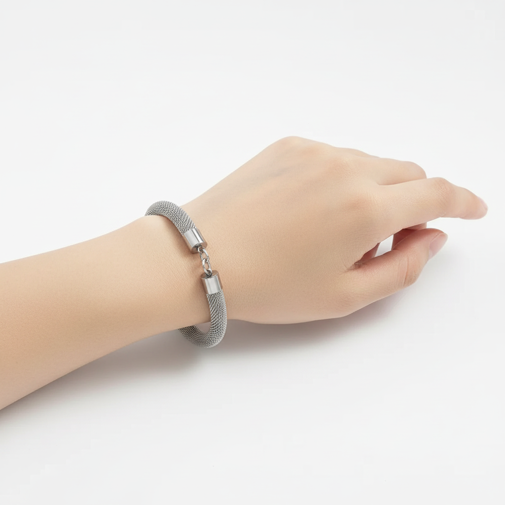 Professional wrist shot with Geometric Zircon Mesh Bracelet