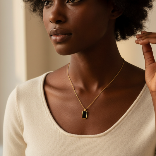 Gold necklace with black rectangular Anchor Pendant by Nue Jewelz