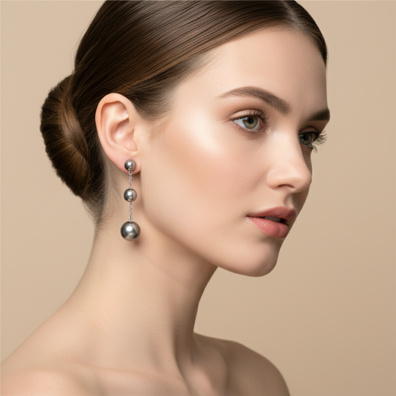 Elegant round stainless steel silver pearl drop earrings with three graduated beads