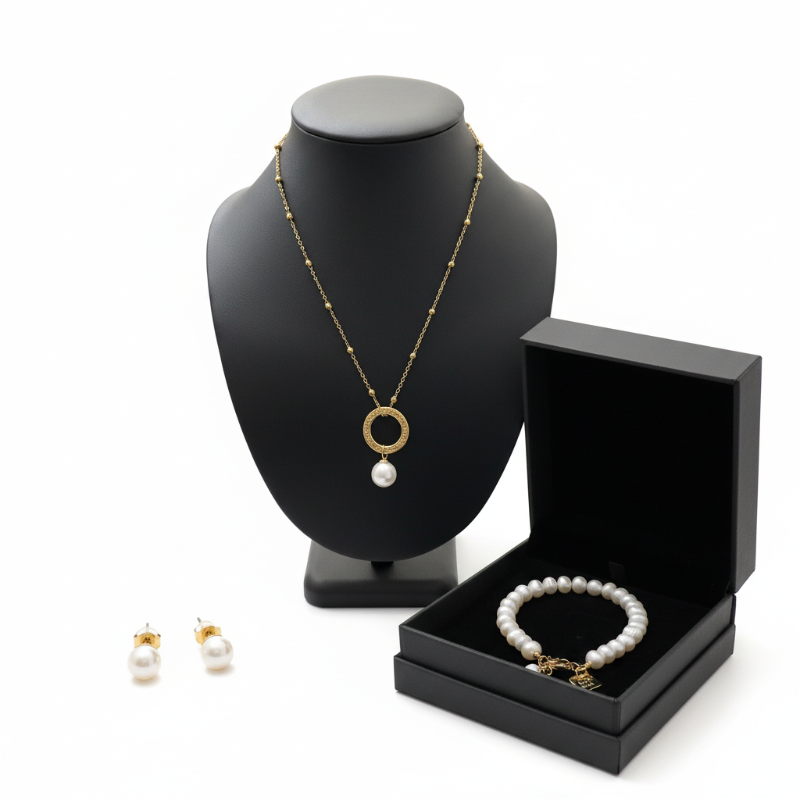 Enduring Grace Collection pearl necklace, stud earrings, and bracelet in elegant 304 stainless steel and titanium steel set