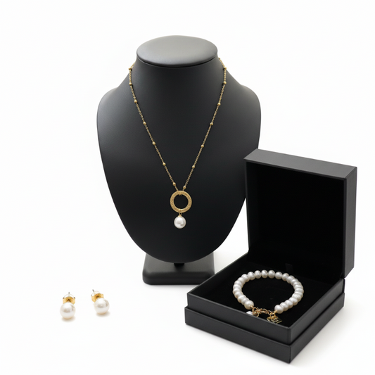 Enduring Grace Collection pearl necklace, stud earrings, and bracelet in elegant 304 stainless steel and titanium steel set