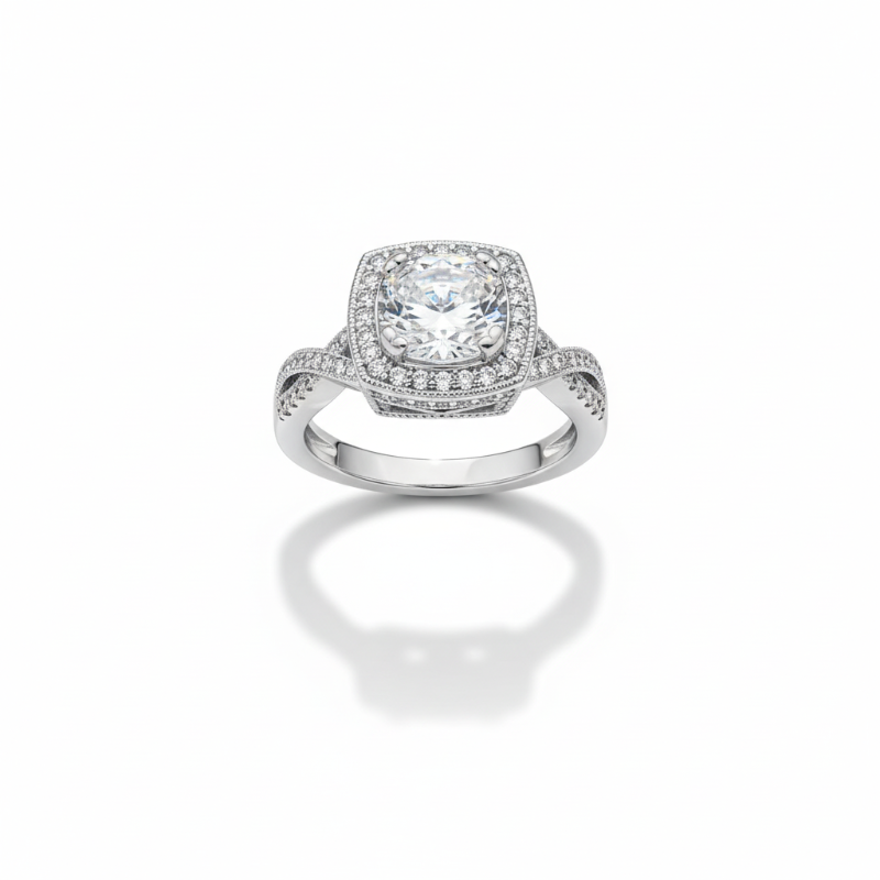 classic clear ring with oval-cut center stone and pavé halo on twisted infinity band
