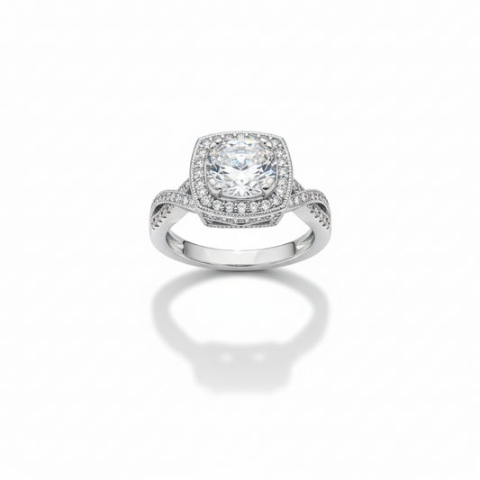 classic clear ring with oval-cut center stone and pavé halo on twisted infinity band