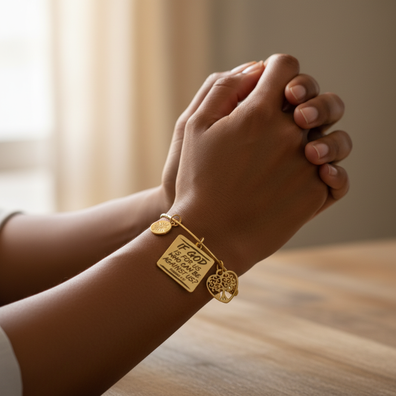 The Faith & Light Bangle - Gold Adjustable Charm Bangle Bracelet Scripture Romans 8:31 | Nue Jewelz - Nue Jewelz 