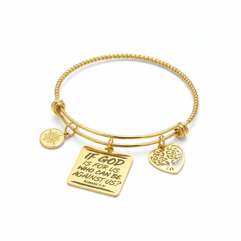 Elegant gold-tone stainless steel charm bracelet with sunburst, heart, and Romans 8:31 verse charms