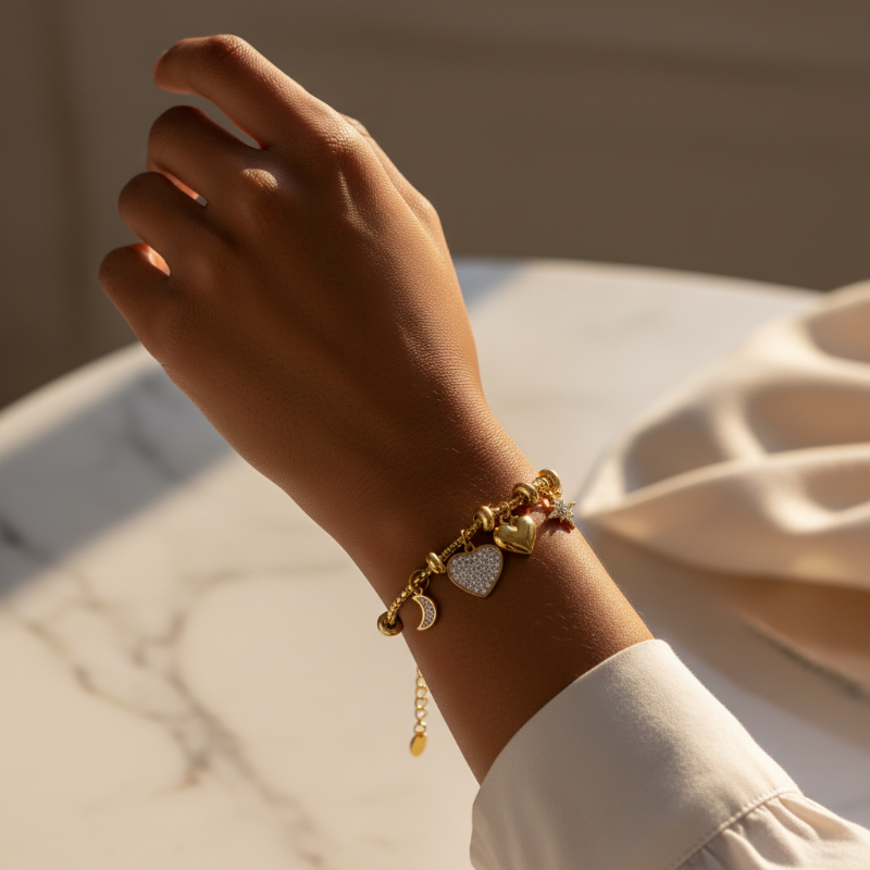 The Golden Heart Charm Bracelet - Gold Charm Bracelet with Hearts Moon Star Cross | Nue Jewelz - Nue Jewelz 