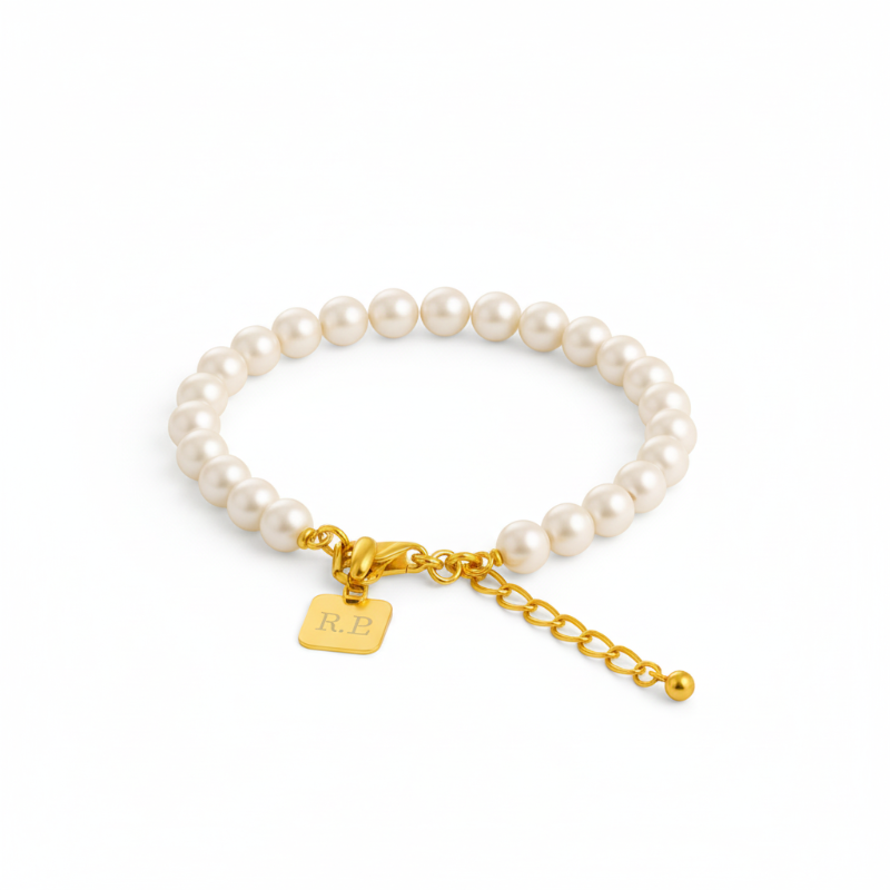 Round pearl titanium steel beaded bracelet with gold clasp and chain extender
