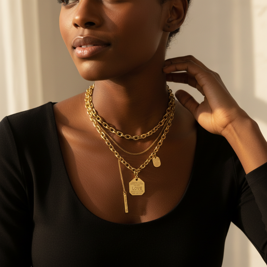 Gold layered stainless steel letter trend multi strand necklace with LOVE pendant and bar charm by Nue Jewelz