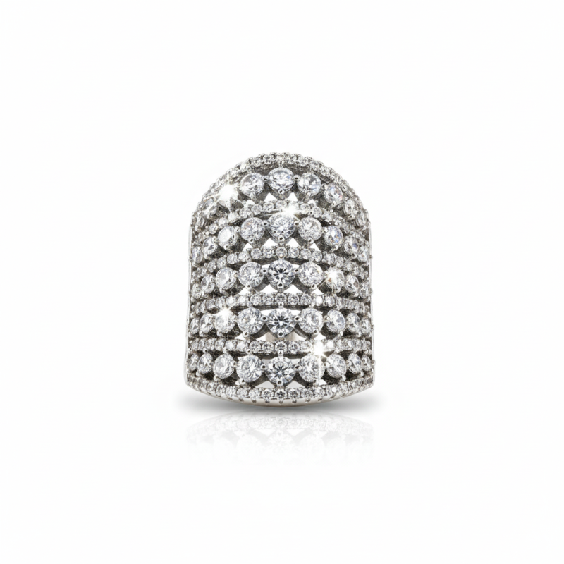 Luxe Pavé Dome Ring wide dome band with pavé-set cubic zirconia stones in rhodium-plated stainless steel