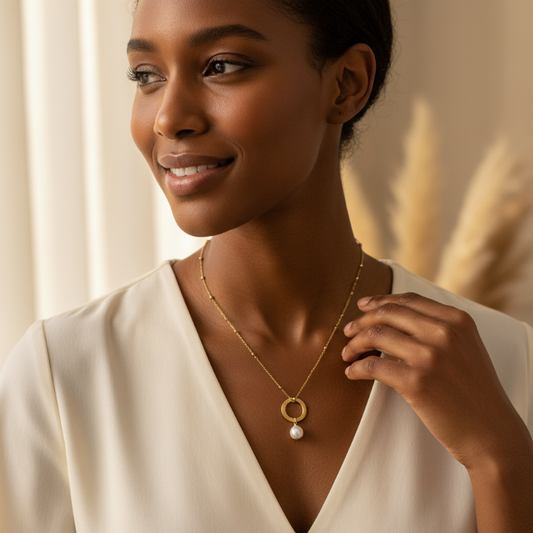 Elegant 304 stainless steel gold rope chain necklace with white pearl drop and circular pendant