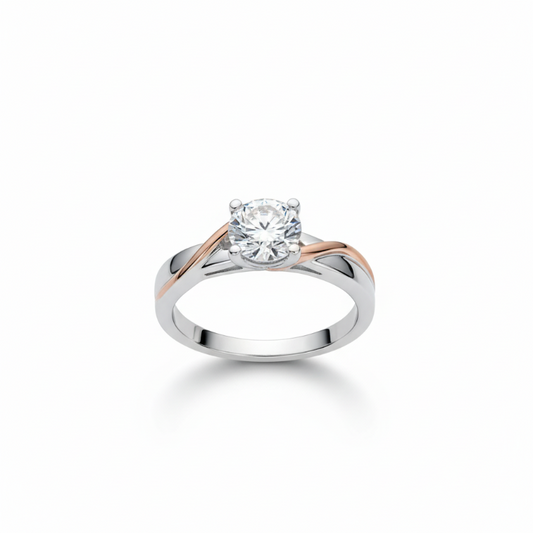 Elegant criss-cross diamond engagement ring with solitaire diamond and rose gold accents in stainless steel band