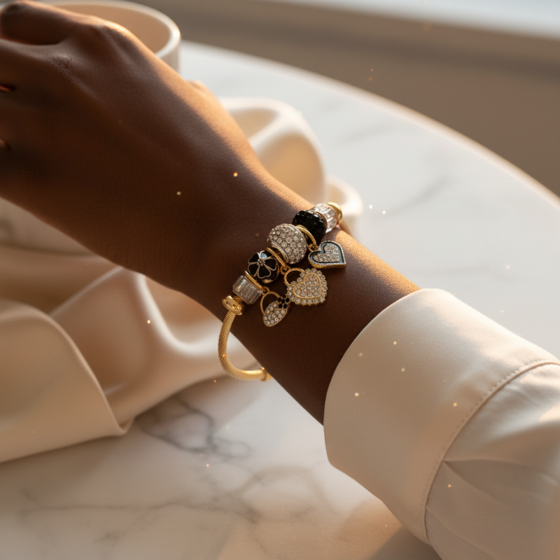 The Shell Lock Bracelet - Gold Twisted Cable Charm Bracelet with Crystal Hearts & Beads | Nue Jewelz - Nue Jewelz 