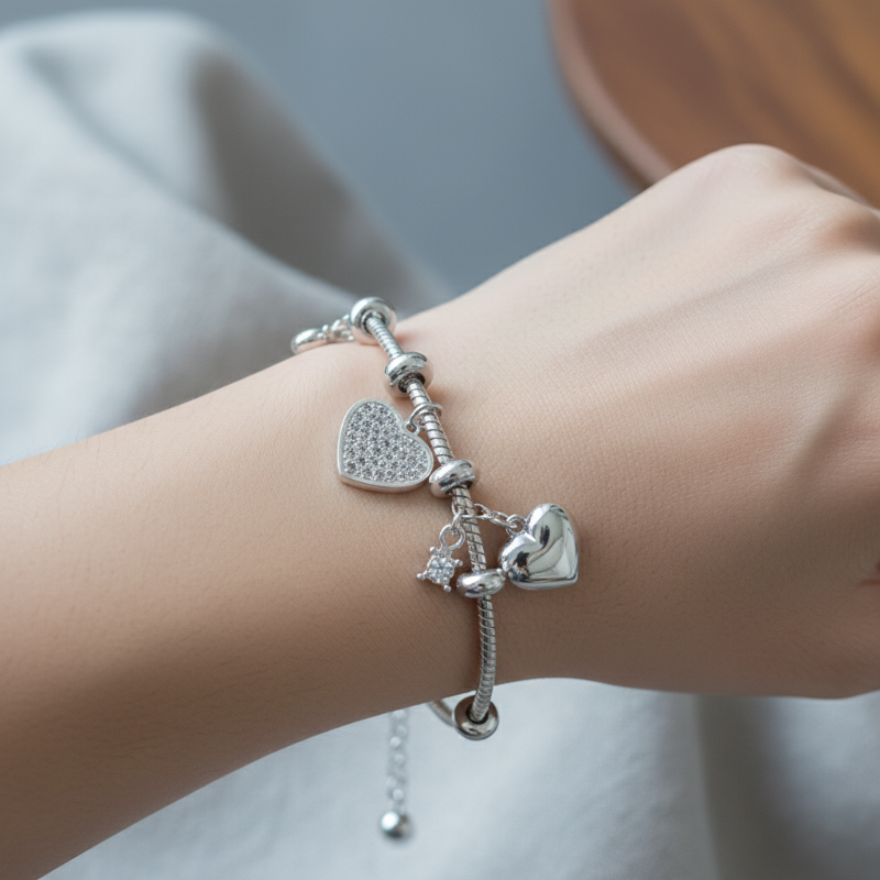 The Silver Heart Charm Bracelet - Silver Charm Bracelet with Crystal Hearts & Beads | Nue Jewelz - Nue Jewelz 