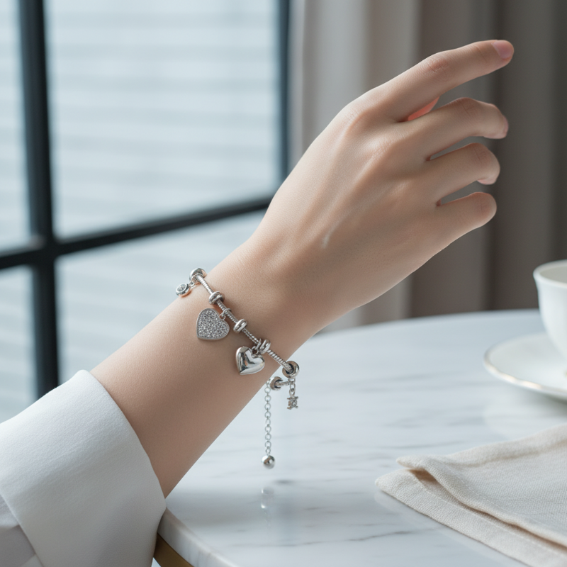 The Silver Heart Charm Bracelet - Silver Charm Bracelet with Crystal Hearts & Beads | Nue Jewelz - Nue Jewelz 