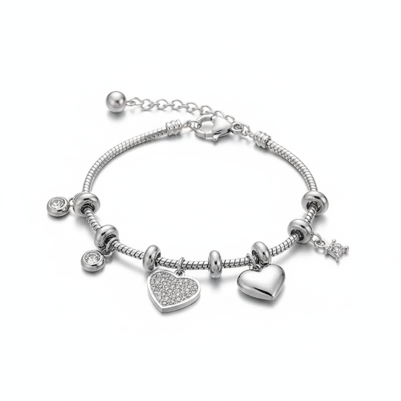 Silver heart-shaped bracelet with 18K gold-plated charm and sparkling accents